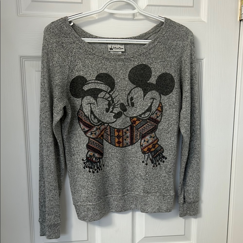 Disney Women's Gray Sweater with Mickey and Minnie Design